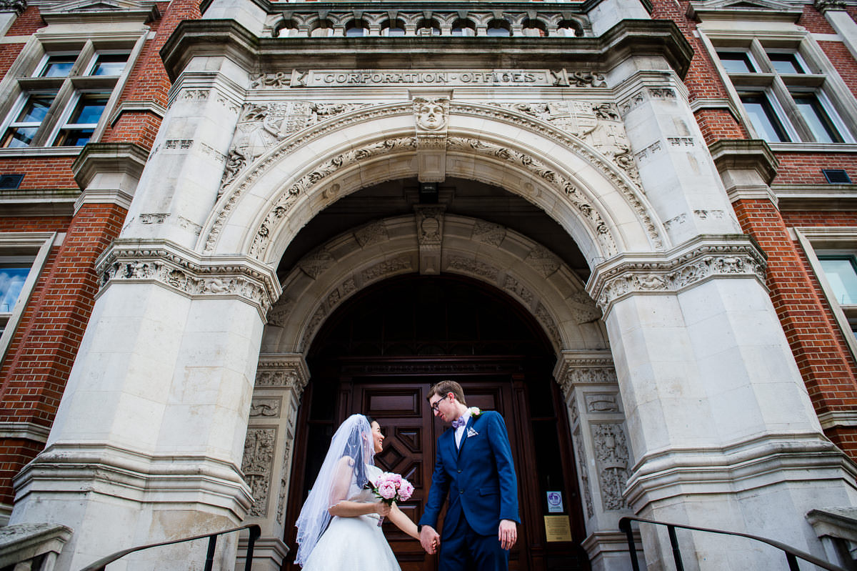 Bride and Groom at the old town hall in Croydon just after their wedding