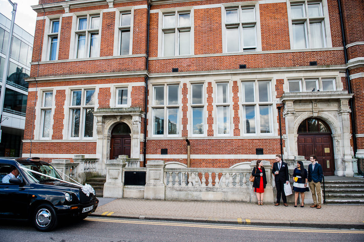 Croydon Registry Office Spring Wedding Arrival of the bride and groom
