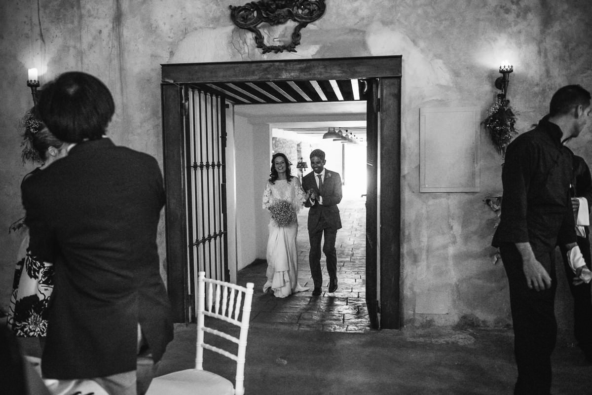 Bride & Groom entering the wedding dinner at their casa santonja wedding