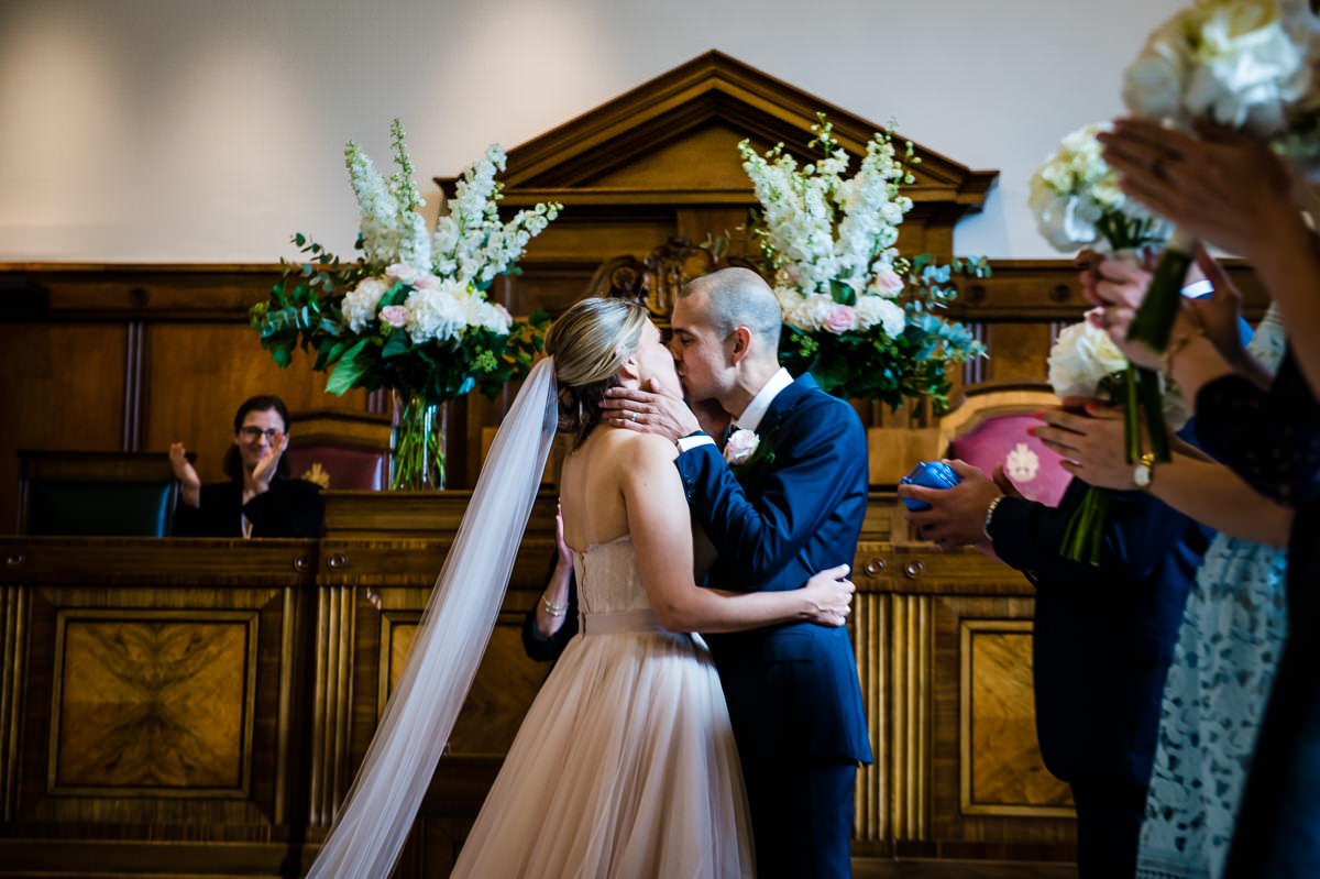 Town Hall Hotel wedding bride and groom kissing more