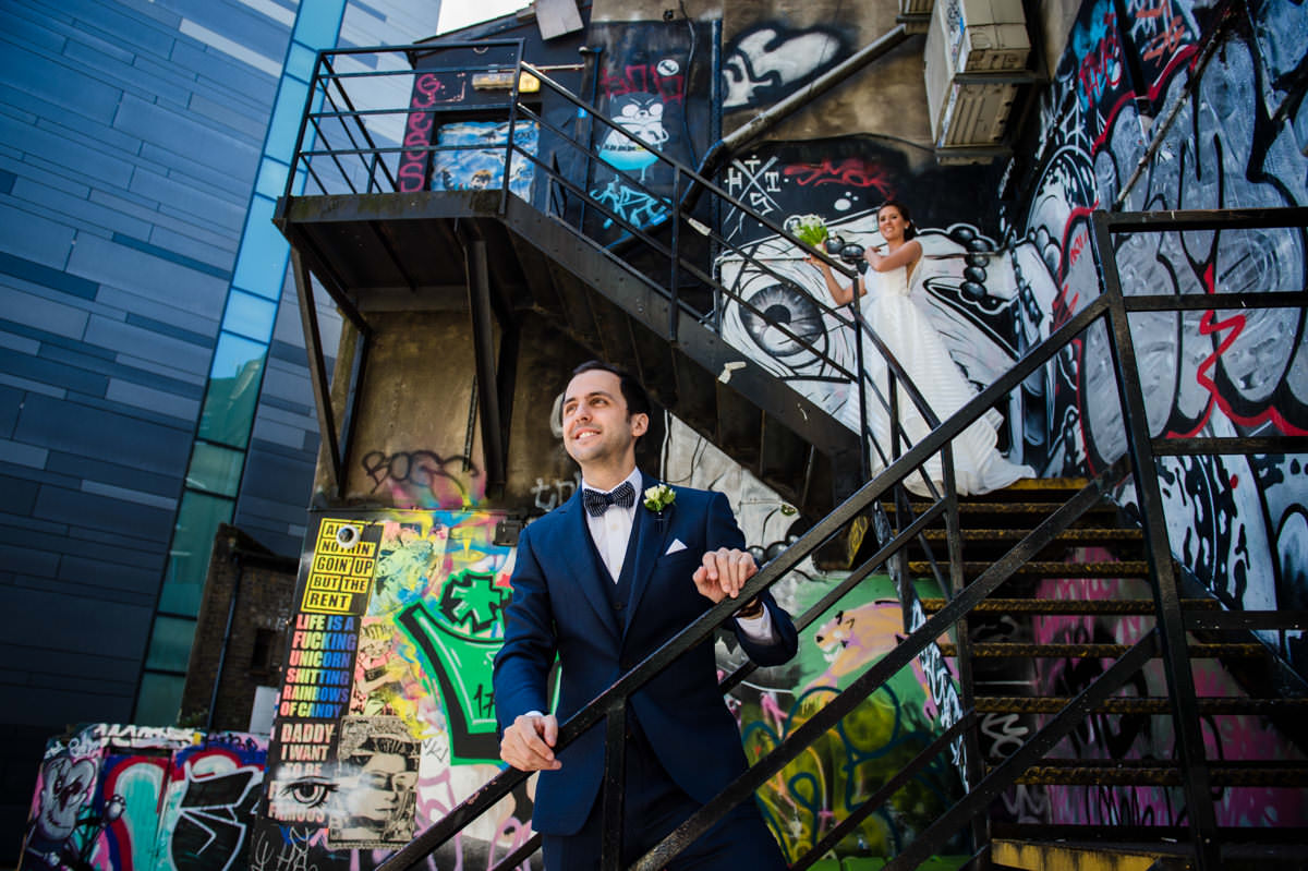 Photo of bride & groom in the side streets of Shoreditch London